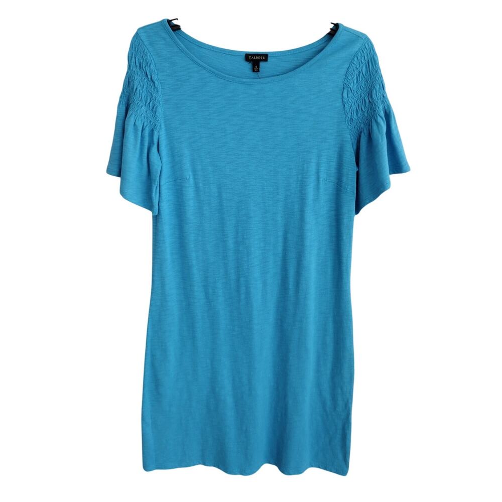 Talbots NEW Blue Slub-Knit Flutter-Slv Boat-Neck Cotton/Modal Shift Dress Small